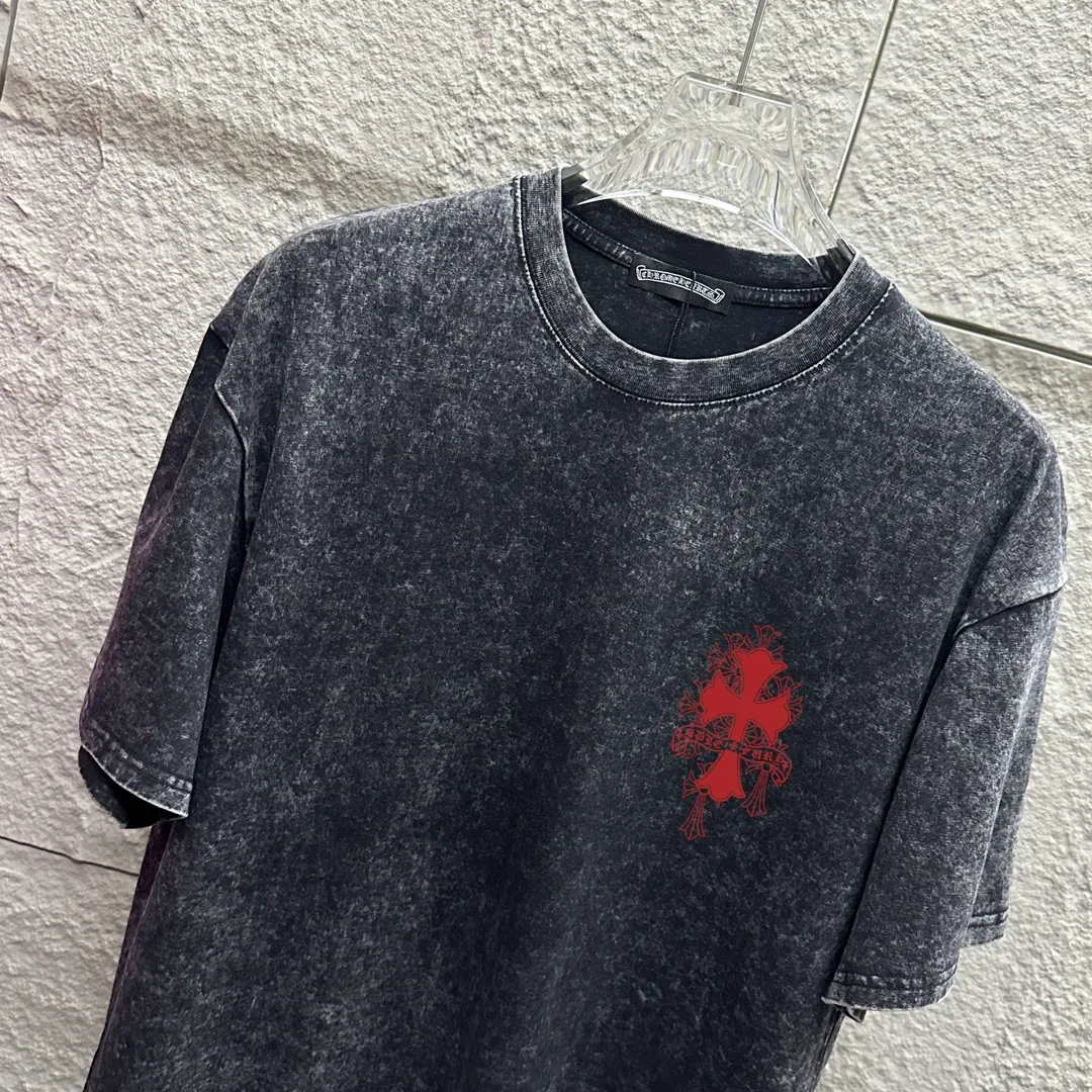 🅿️180 CH* Crow Heart* 2025 spring and summer new style Snowflake distressed washed retro round neck short sleeves Chest and front logo Horseshoe print Customized fabric Short-sleeved T-shirt Unisex Size: S M L XL XXL Color: Snowflake Black Snowflake Gray Snowflake Pink Snowflake Blue